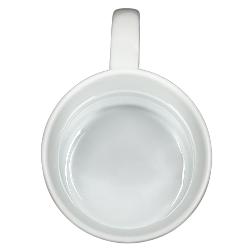 Top view of empty white Disney collectible mug Eeyore Piglet with handle on black background