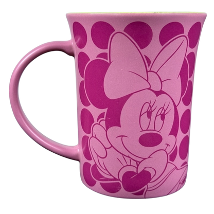 Disney Parks Minnie Mouse vintage mug pink ceramic with large Minnie face bow and polka dot background