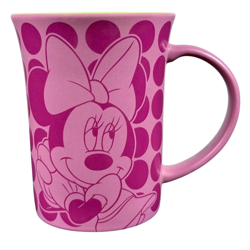 Disney Parks Minnie Mouse vintage mug pink polka dot ceramic coffee cup featuring Minnie face and bow