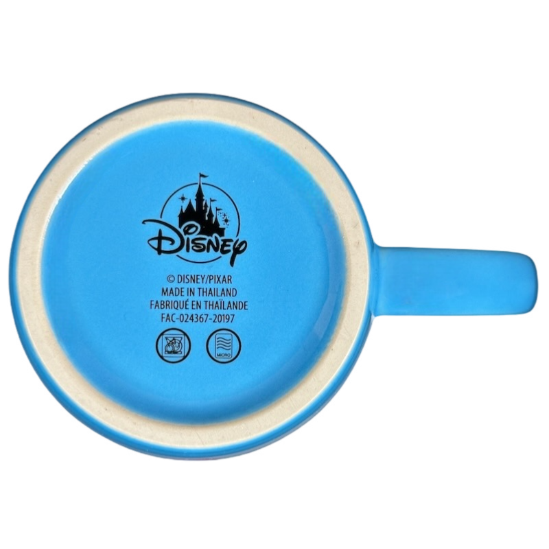 Bottom view of blue Disney Pixar Up Dug collectible mug showing Disney logo and made in Thailand markings
