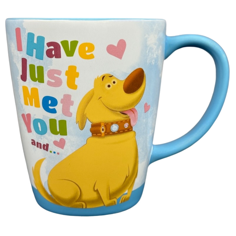 Disney Pixar Up Dug collectible mug featuring Dug with collar and colorful I Have Just Met You text on blue mug