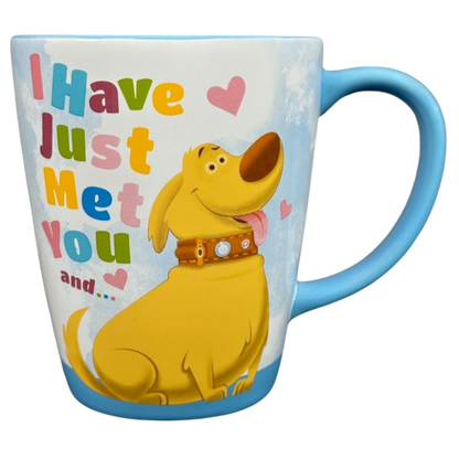 Disney Pixar Up Dug collectible mug featuring Dug with collar and colorful I Have Just Met You text on blue mug