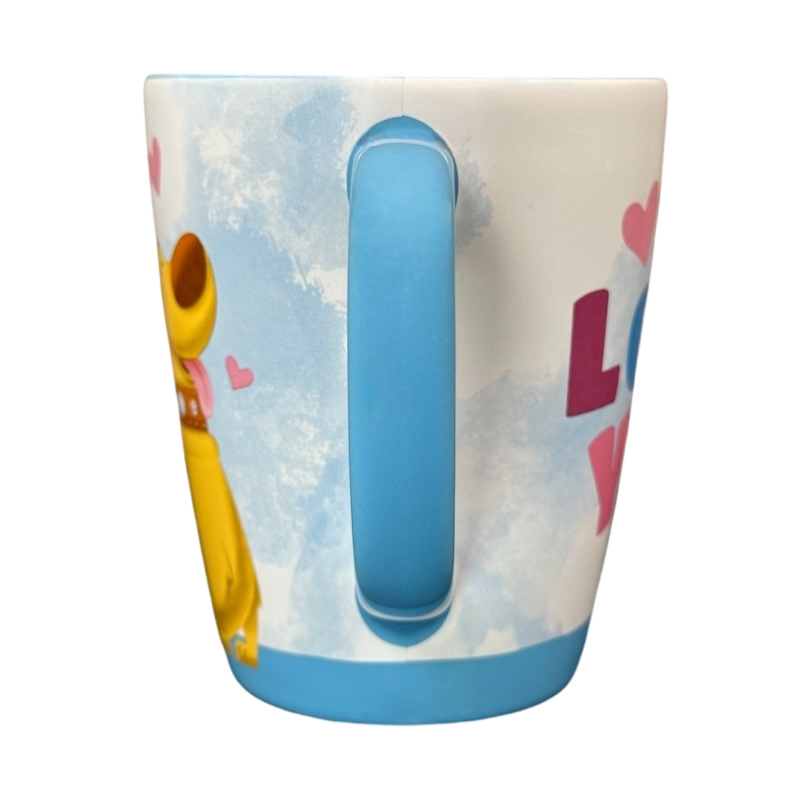Disney Pixar Up Dug collectible mug with blue handle sky background hearts and Dug character