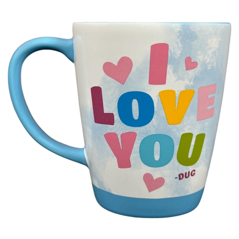 Disney Pixar Up Dug collectible mug white ceramic with blue handle colorful I LOVE YOU letters and pink hearts