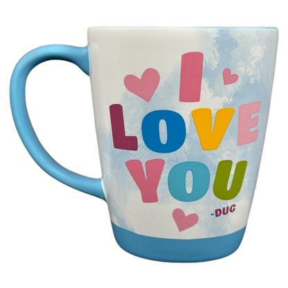 Disney Pixar Up Dug collectible mug white ceramic with blue handle colorful I LOVE YOU letters and pink hearts