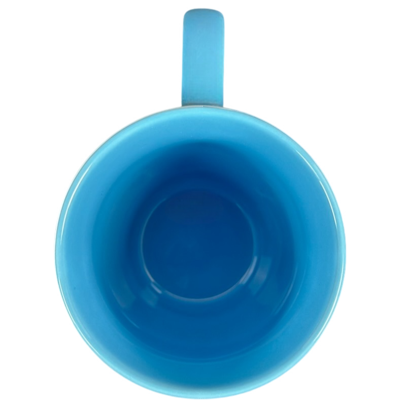 Top view of bright blue ceramic Disney Pixar Up Dug collectible mug showing interior and handle on black background