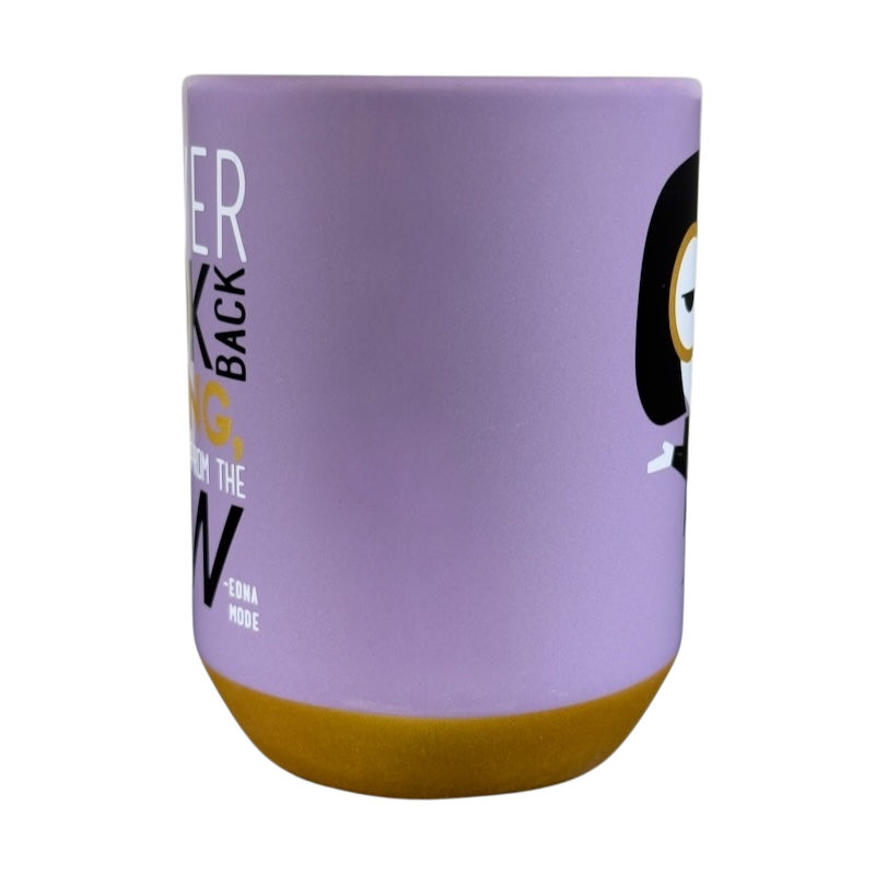 Purple and yellow Edna Mode Disney mug with character illustration and quote design
