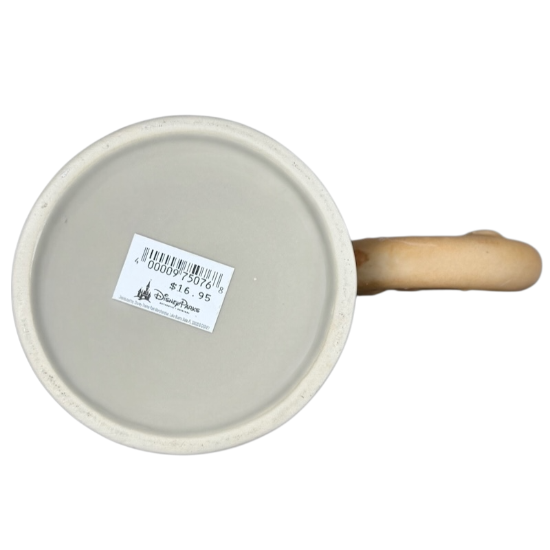 Bottom view of Disney Epcot Germany pretzel mug with price sticker and wooden handle