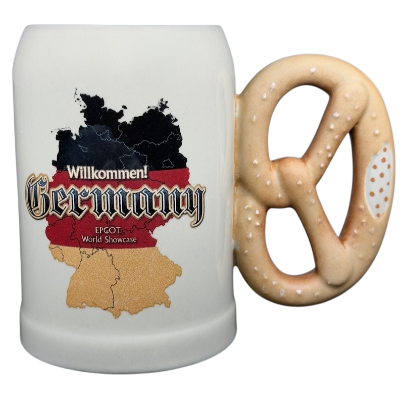 Disney Epcot Germany pretzel mug featuring a colorful design with a pretzel handle