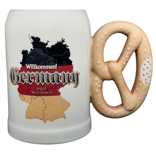 Disney Epcot Germany pretzel mug featuring a colorful design with a pretzel handle