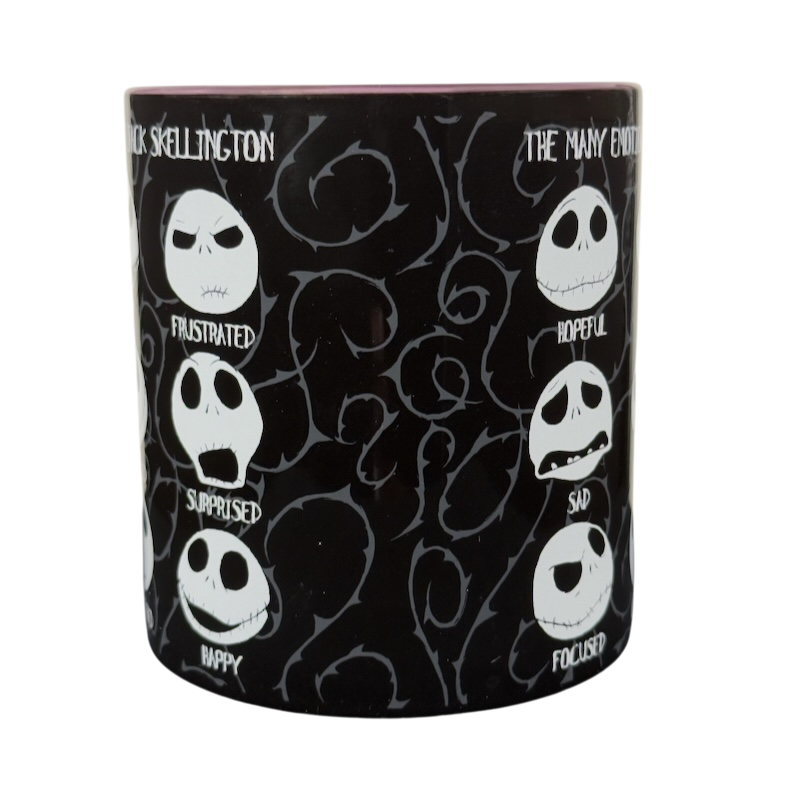 Jack Skellington collectible emotions mug by Silver Buffalo black ceramic mug with labeled facial expressions