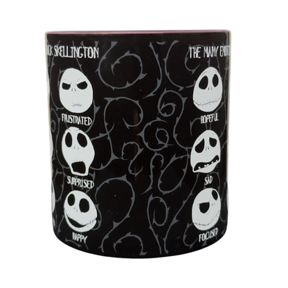 Jack Skellington collectible emotions mug by Silver Buffalo black ceramic mug with labeled facial expressions