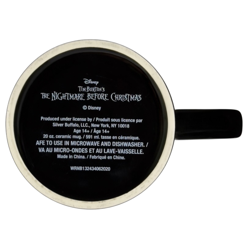 Bottom of Jack Skellington collectible emotions mug with The Nightmare Before Christmas logo and Silver Buffalo label