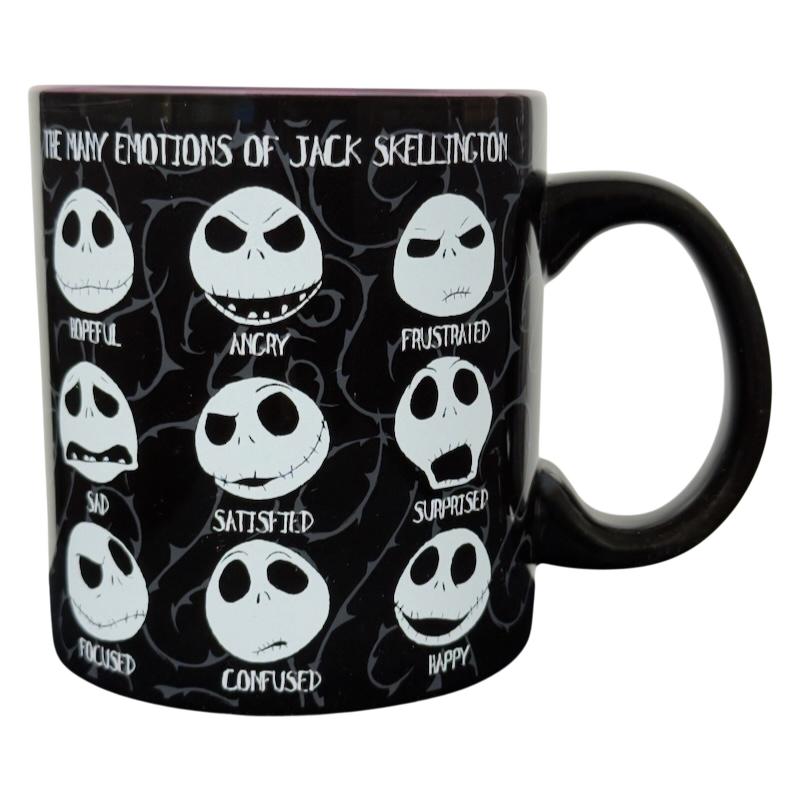 Jack Skellington collectible emotions mug by Silver Buffalo black ceramic mug showing nine emotion faces