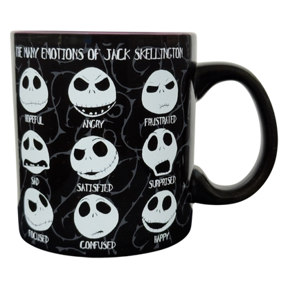 Jack Skellington collectible emotions mug by Silver Buffalo black ceramic mug showing nine emotion faces