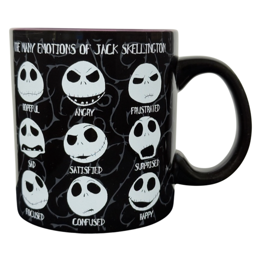 Jack Skellington collectible emotions mug by Silver Buffalo black ceramic mug showing nine emotion faces