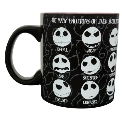 Silver Buffalo Jack Skellington collectible emotions mug showing multiple labeled facial expressions on a black ceramic mug
