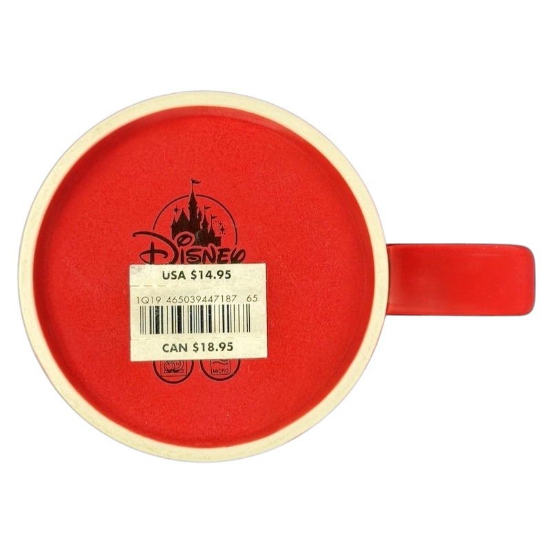 Bottom view of a Disney Mickey and Friends holiday mug with a red interior and Disney logo