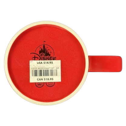 Bottom view of a Disney Mickey and Friends holiday mug with a red interior and Disney logo