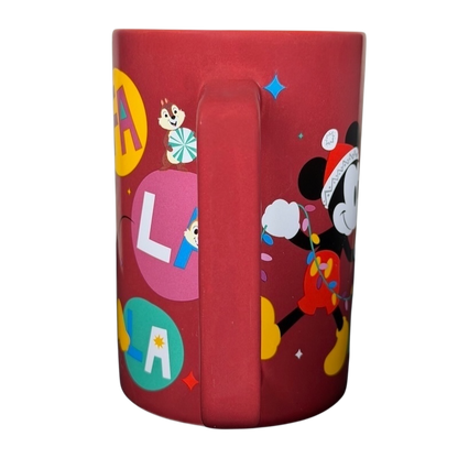 Disney Mickey and Friends holiday mug featuring colorful designs and festive characters