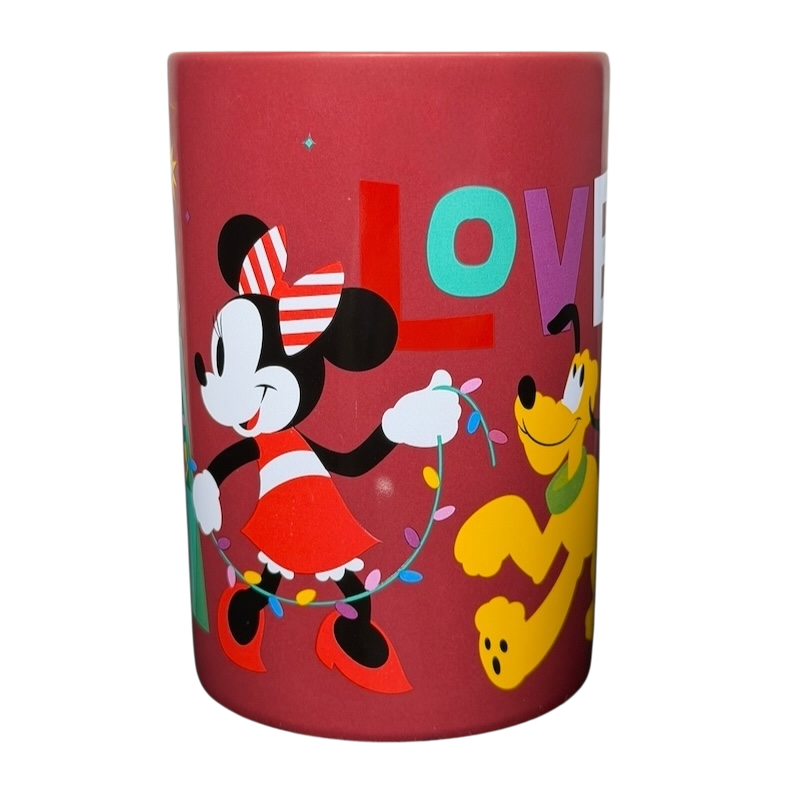 Disney Mickey and Friends holiday mug featuring Minnie and Pluto with colorful letters and festive designs