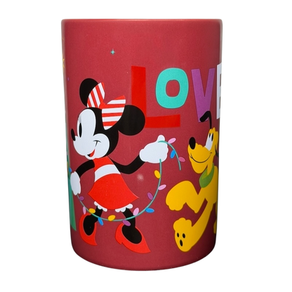 Disney Mickey and Friends holiday mug featuring Minnie and Pluto with colorful letters and festive designs