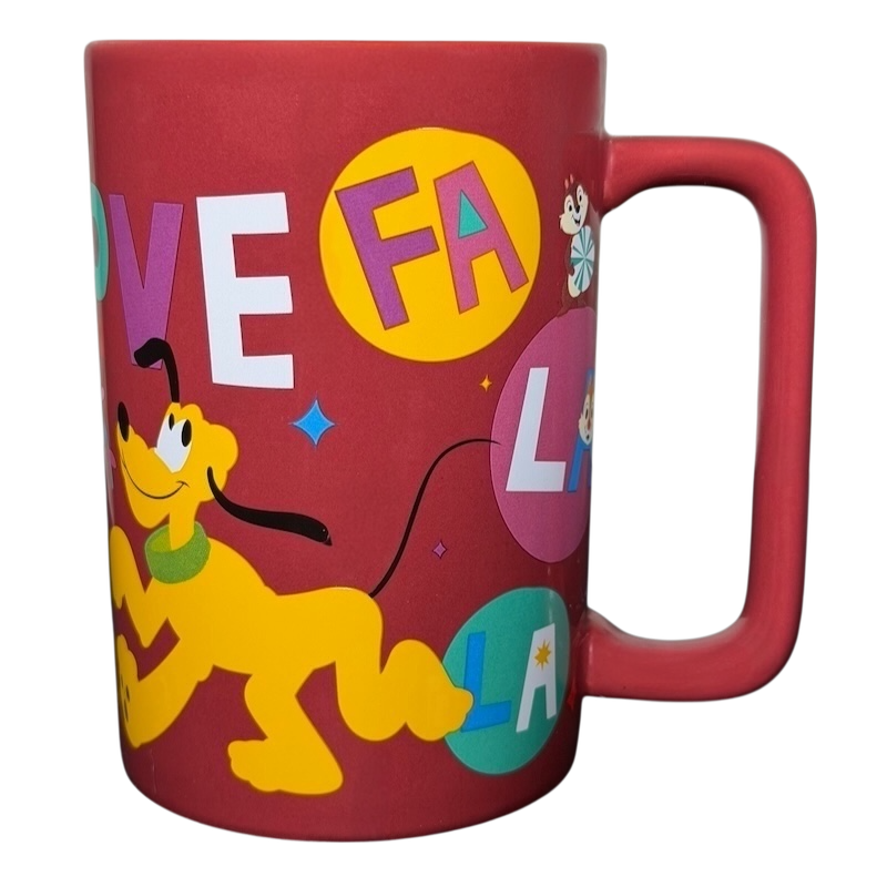 Disney Mickey and Friends holiday mug with colorful design featuring Pluto and festive letters