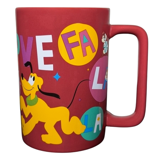 Disney Mickey and Friends holiday mug with colorful design featuring Pluto and festive letters