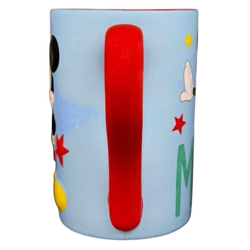 Mickey Mouse embossed stars Disney mug featuring a colorful design with a red handle