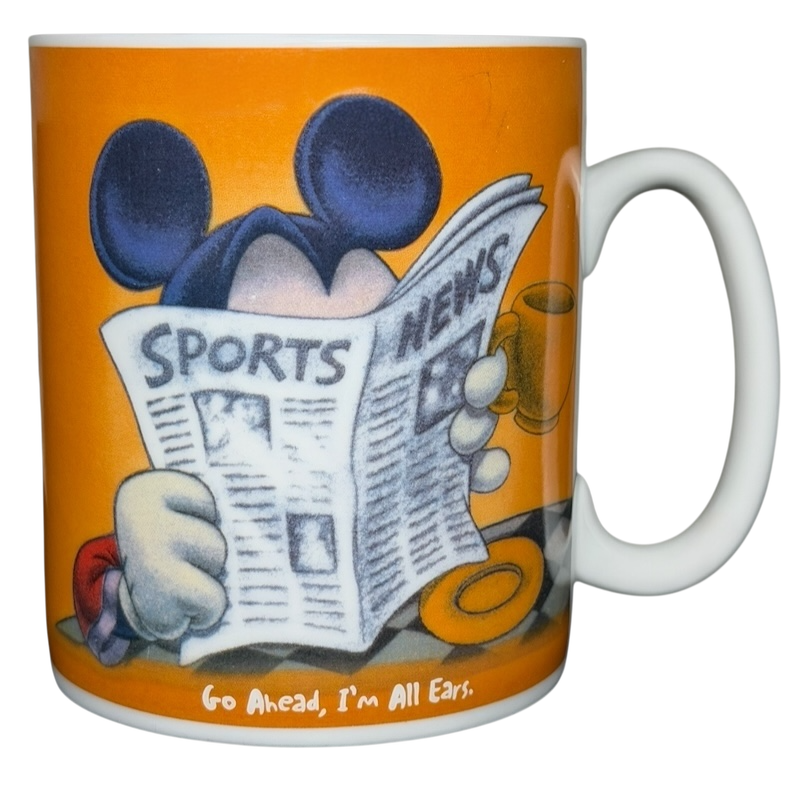 Disney Mickey Mouse I'm All Ears jumbo mug featuring Mickey reading a newspaper with a colorful background