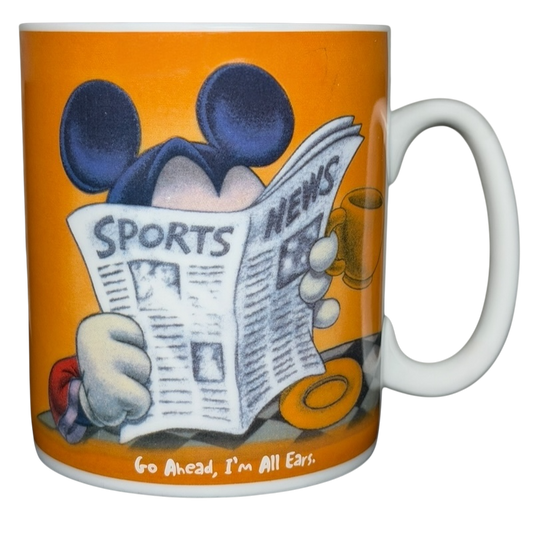 Disney Mickey Mouse I'm All Ears jumbo mug featuring Mickey reading a newspaper with a colorful background