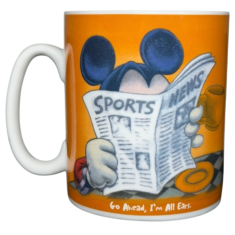 Disney Mickey Mouse I'm All Ears jumbo mug featuring Mickey reading a newspaper with vibrant colors