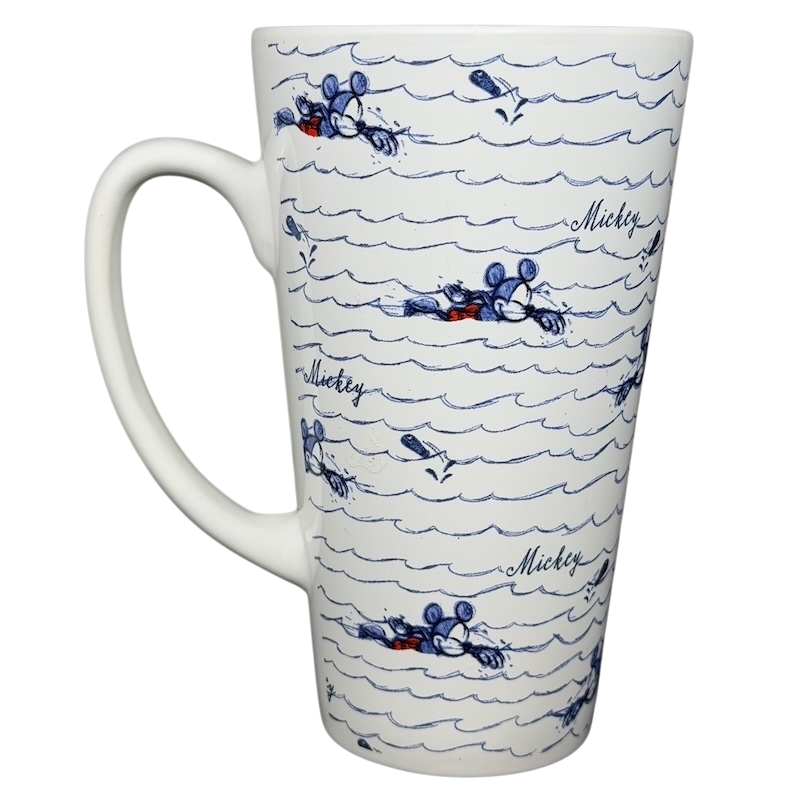 Mickey Mouse Swimming Mug Disney featuring Mickey in a boat on wavy water pattern