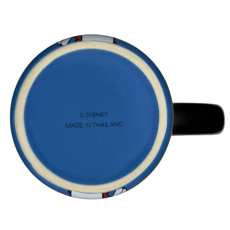 Bottom view of Disney ceramic mug showing blue base and Made in Thailand text, featuring Mickey's Really Swell Coffee vintage mug.