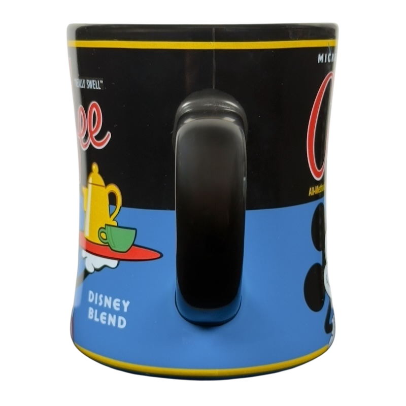 Mickey's Really Swell Coffee vintage mug Disney blue and black ceramic mug with handle and teapot illustration