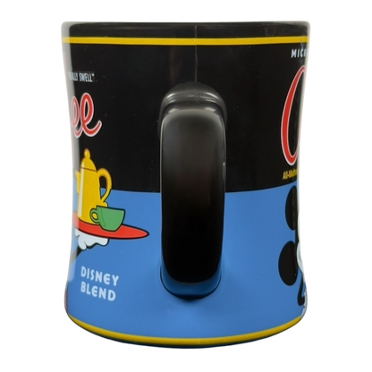 Mickey's Really Swell Coffee vintage mug Disney blue and black ceramic mug with handle and teapot illustration