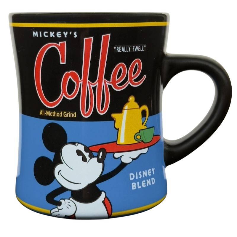 Mickey's Really Swell Coffee vintage mug featuring classic Mickey Mouse holding a coffee pot on black and blue ceramic