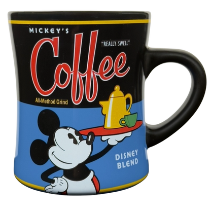 Mickey's Really Swell Coffee vintage mug featuring classic Mickey Mouse holding a coffee pot on black and blue ceramic