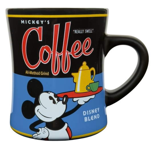 Mickey's Really Swell Coffee vintage mug featuring classic Mickey Mouse holding a coffee pot on black and blue ceramic