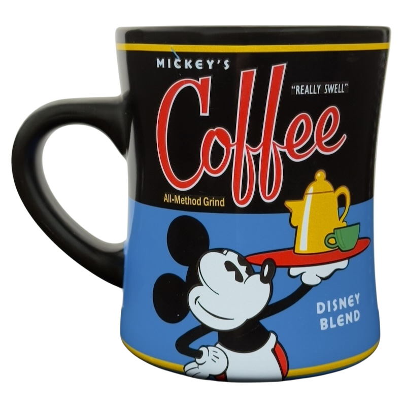 Mickey's Really Swell Coffee vintage mug featuring classic Mickey serving a yellow teapot on blue Disney Blend design