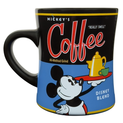 Mickey's Really Swell Coffee vintage mug featuring classic Mickey serving a yellow teapot on blue Disney Blend design