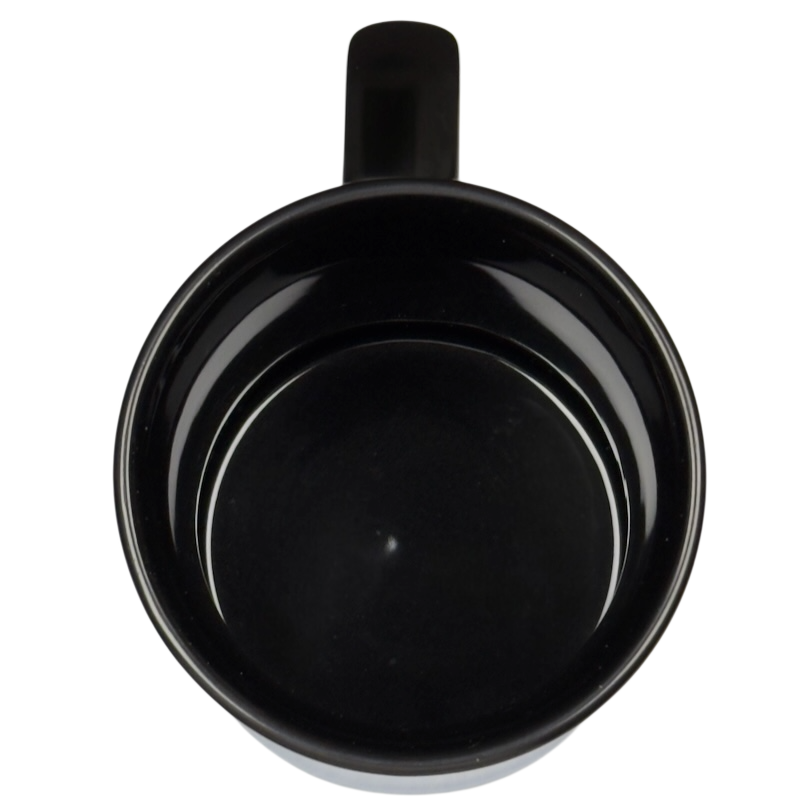Top view of Disney black ceramic mug handle at top showing glossy interior Mickey's Really Swell Coffee vintage mug