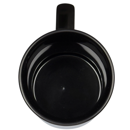 Top view of Disney black ceramic mug handle at top showing glossy interior Mickey's Really Swell Coffee vintage mug