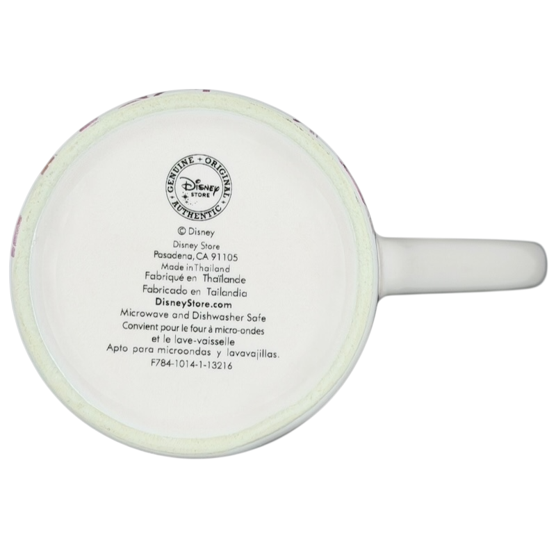 Bottom view of a Disney minnie mouse butterflies and flowers mug with care instructions and branding