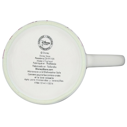 Bottom view of a Disney minnie mouse butterflies and flowers mug with care instructions and branding
