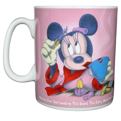 Disney Minnie Mouse jumbo mug featuring Minnie in a pink robe and beauty accessories