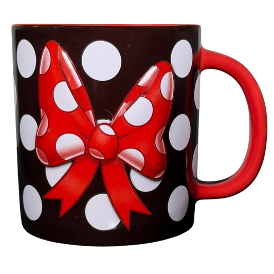 Disney Minnie Mouse polka dot bow collectible mug with red handle and iconic bow design