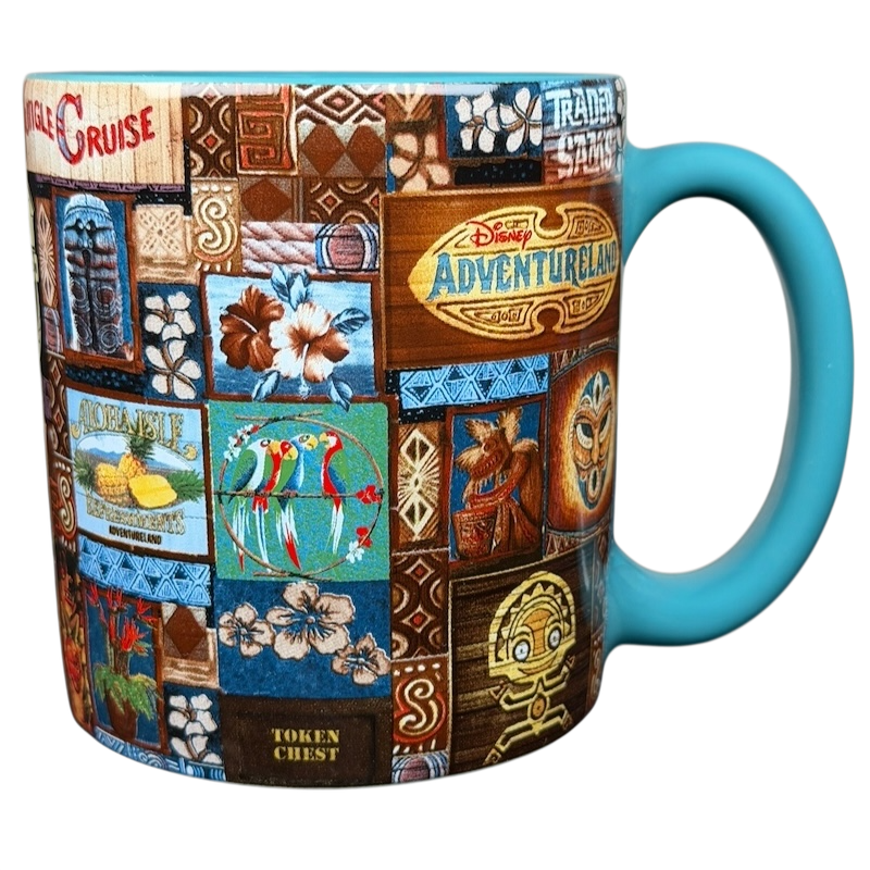 Adventureland Trader Sam's Tiki Mug Disney Parks featuring colorful tropical designs and vibrant blue handle