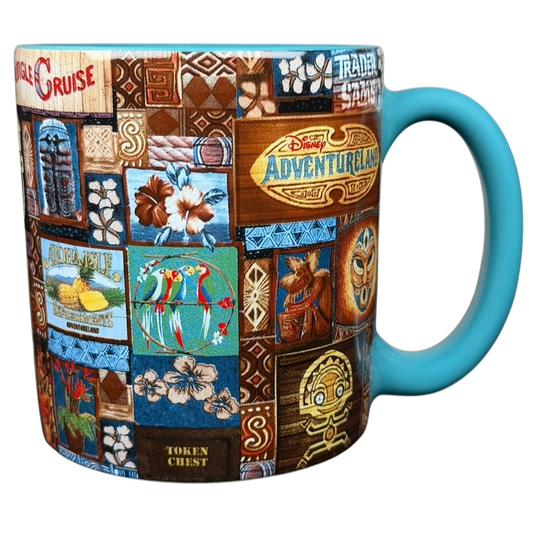 Adventureland Trader Sam's Tiki Mug Disney Parks featuring colorful tropical designs and vibrant blue handle