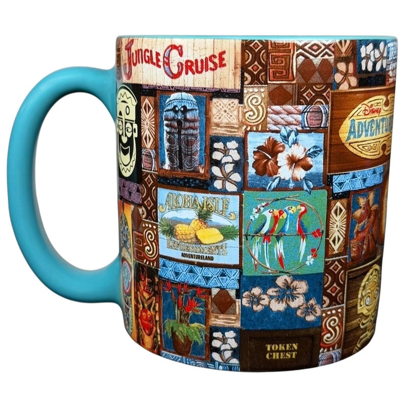 Disney Adventureland Trader Sam's Tiki Mug featuring colorful designs from Jungle Cruise and other Disney Parks attractions
